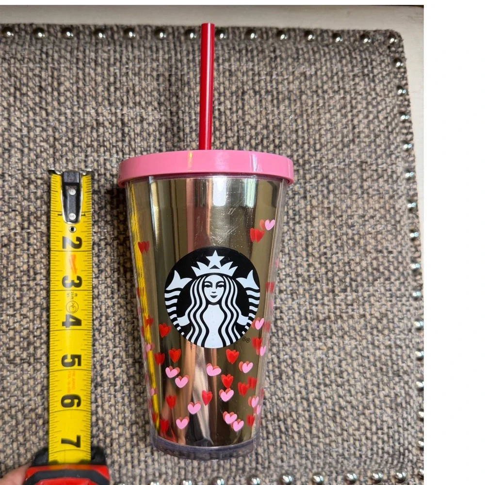 Starbucks Valentine Gold Metallic Heart Cold Cup Tumbler 16oz Pink Lid Red Straw